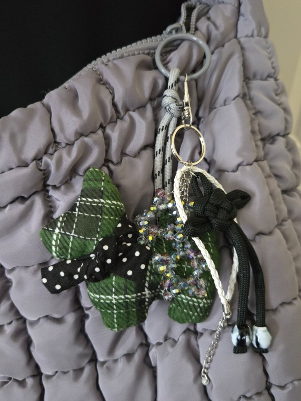 Handmade Scottie Dog Bag Charm & Key Chain 4 1/4" x 3 1/2" Green Plaid Multi